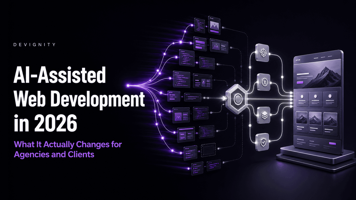 AI-Assisted Web Development in 2026: What It Actually Changes for Agencies and Clients — AI-generated components passing through human-guided quality controls