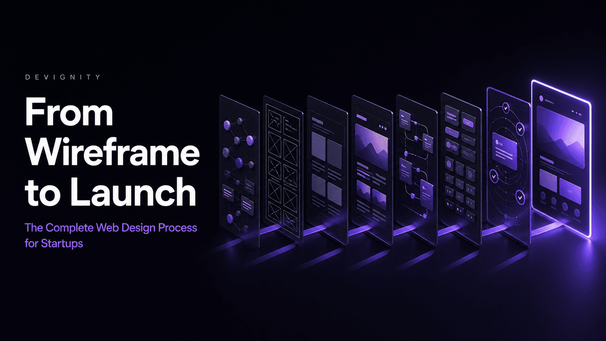 From Wireframe to Launch: The Complete Web Design Process for Startups — seven-stage website design process illustration